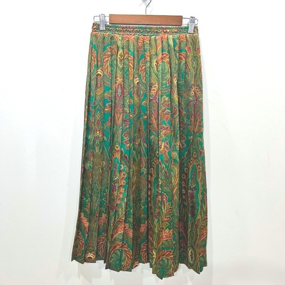 Vintage Paisley Pleated Midi Skirt Teal Gold Magenta Made in USA Size 10